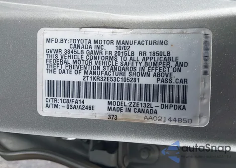 2003 Toyota Matrix Standard z USA, uszkodzony, nr VIN 2T1KR32E53C105281